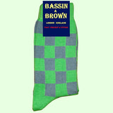 Bassin and Brown Small Check Cotton Socks - Green and Smoke Blue