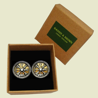 Bassin And Brown Viking Norse Symbol Cufflinks - Green And Antique Silver