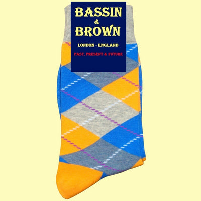 Bassin and Brown Argyle Men's Socks - Grey, Blue and Yellow