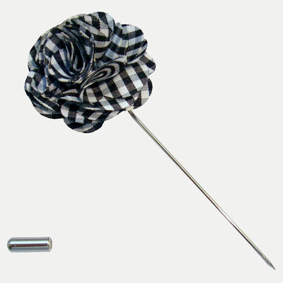 Bassin and Brown Check Floral Fabric Lapel Pin - Black and White