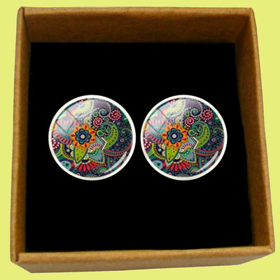 Bassin and Brown Bohemian Flower Cufflinks - Green, Navy, Orange and Red