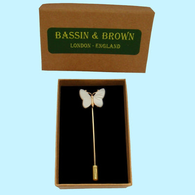 Bassin and Brown Butterfly Jacket Lapel Pin - White and Gold