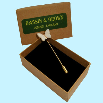 Bassin and Brown Butterfly Jacket Lapel Pin - White and Gold