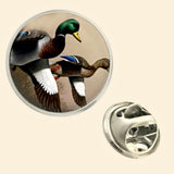 Bassin and Brown Mallard Ducks Jacket Lapel Pin - Brown, White and Green