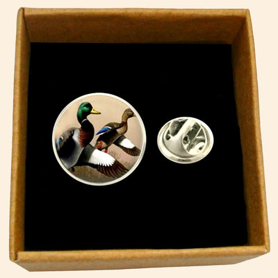 Bassin and Brown Mallard Ducks Jacket Lapel Pin - Brown, White and Green