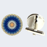 Bassin and Brown Flower Spray Cufflinks - Blue and White