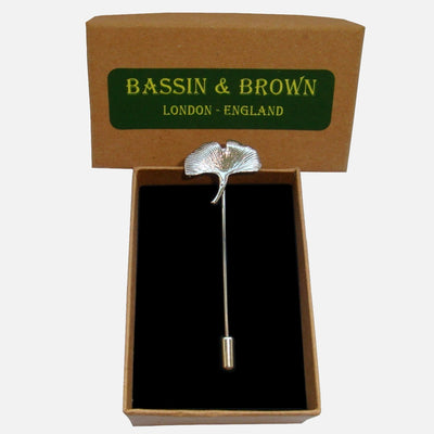 Bassin and Brown Ginkgo Biloba Leaf Jacket Lapel Pin - Silver