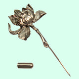 Bassin and Brown Lotus Flower Lapel Pin - Vintage Silver