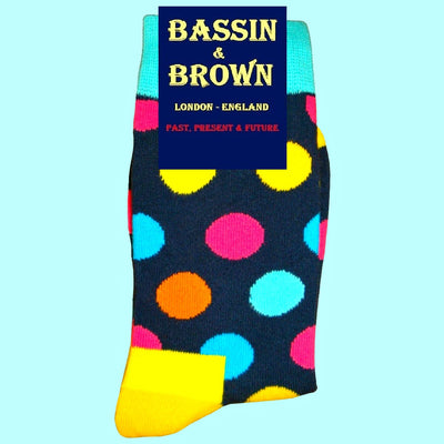 Bassin and Brown - Multi Coloured Spotted Socks - Yellow, Turquoise, Navy, Blue, Pink and Orange