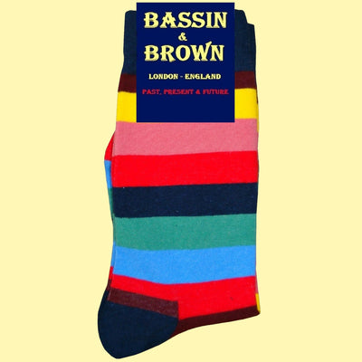 Bassin and Brown Multi Coloured Stripe Socks - Navy.Red.Yellow.Pink.Blue.Green.Brown