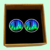 Bassin and Brown Northern Lights and Pine Trees Cufflinks - Blue and Green