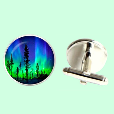 Bassin and Brown Northern Lights and Pine Trees Cufflinks - Blue and Green