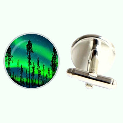 Bassin and Brown Northern Lights and Pine Trees Cufflinks - Green and Blue
