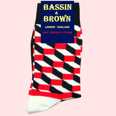 Bassin and Brown Opitical Check Socks - Black, Red and White