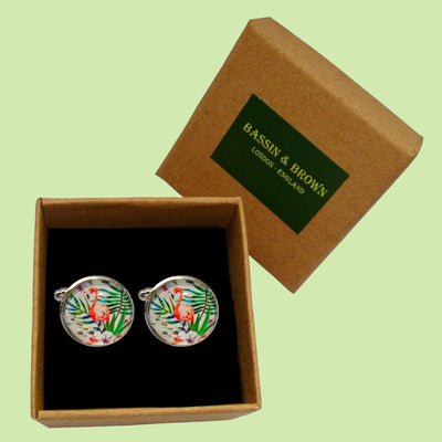 Bassin and Brown Flamingo Cufflinks - Pink, Green and White