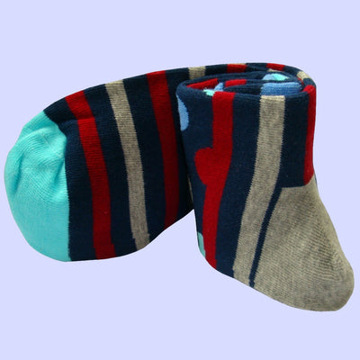 Bassin and Brown Polka Dot Striped Socks with Contrasting Heel and Toes - Grey, Blue, Wine and Navy