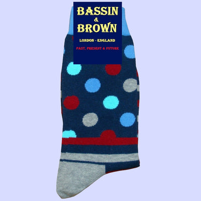 Bassin and Brown Polka Dot Striped Socks with Contrasting Heel and Toes - Grey, Blue, Wine and Navy