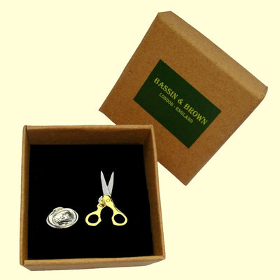 Bassin and Brown Scissors Jacket Lapel Pin - Silver and Gold