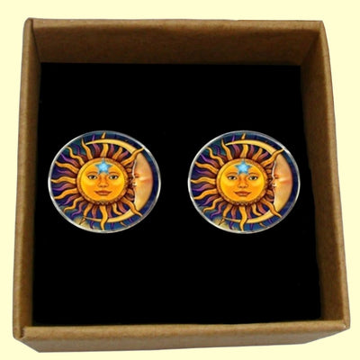 Bassin and Brown Sun Face and Crescent Moon Cufflinks  - Yellow/Blue