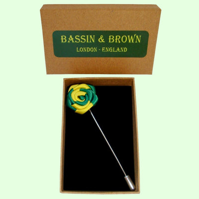 Bassin and Brown Two Colour Rose Jacket Lapel Pin- Yellow and Green