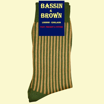 Bassin and Brown Green and Beige Vertical Stripe Cotton Socks