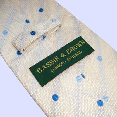 Bassin and Brown Woven Silk Polka Dot Tie - White with Blue Spot