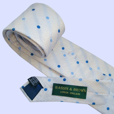 Bassin and Brown Woven Silk Polka Dot Tie - White with Blue Spot