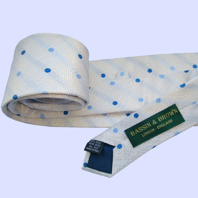 Bassin and Brown Woven Silk Polka Dot Tie - White with Blue Spot